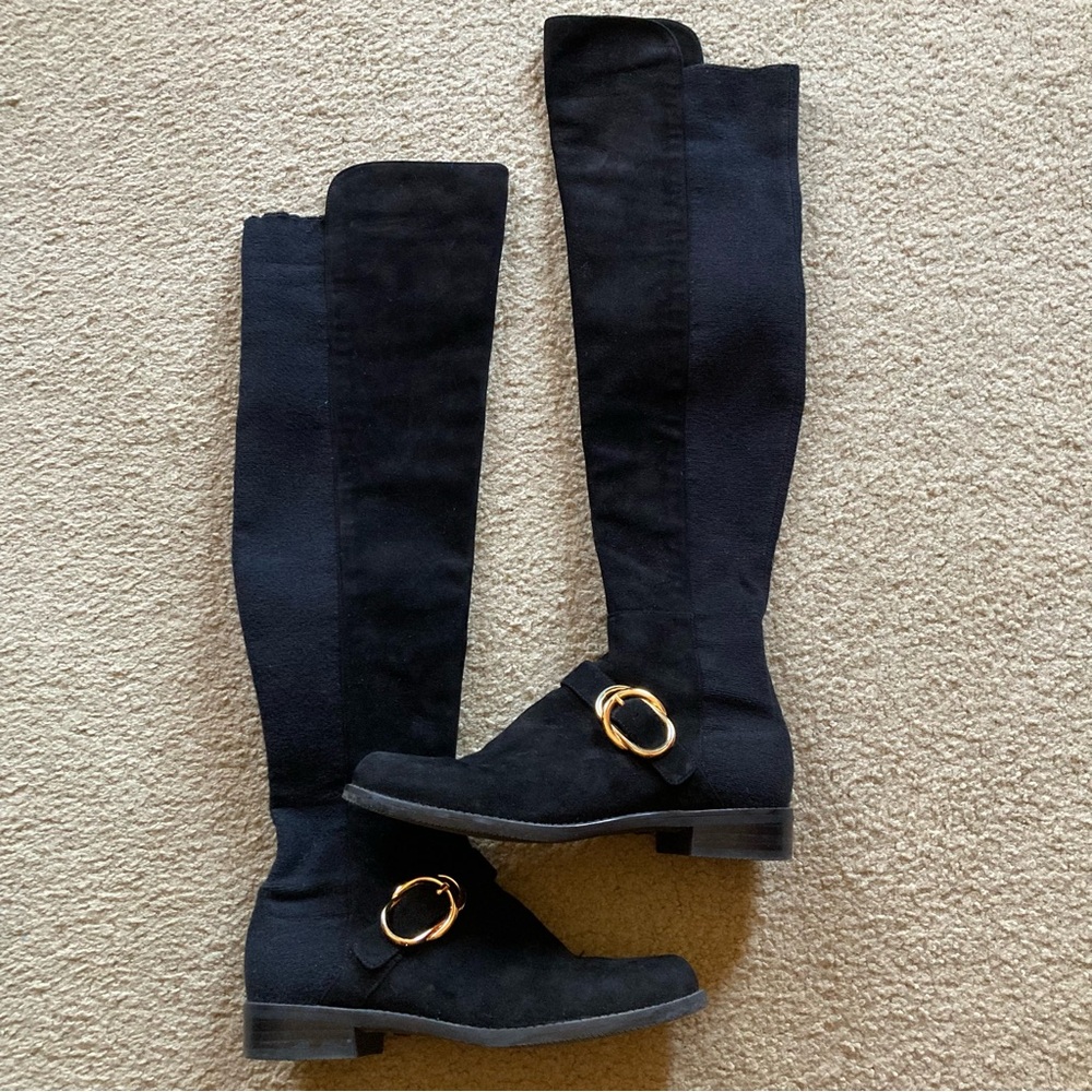 Stuart Weitzman Black Over-the-Knee Suede Boots with Gold Accent - Picture 2 of 16